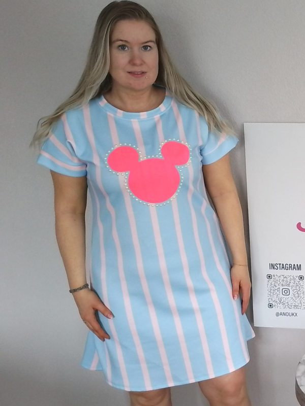 Gestreepte T-shirtjurk met Disneypatroon - Blauw