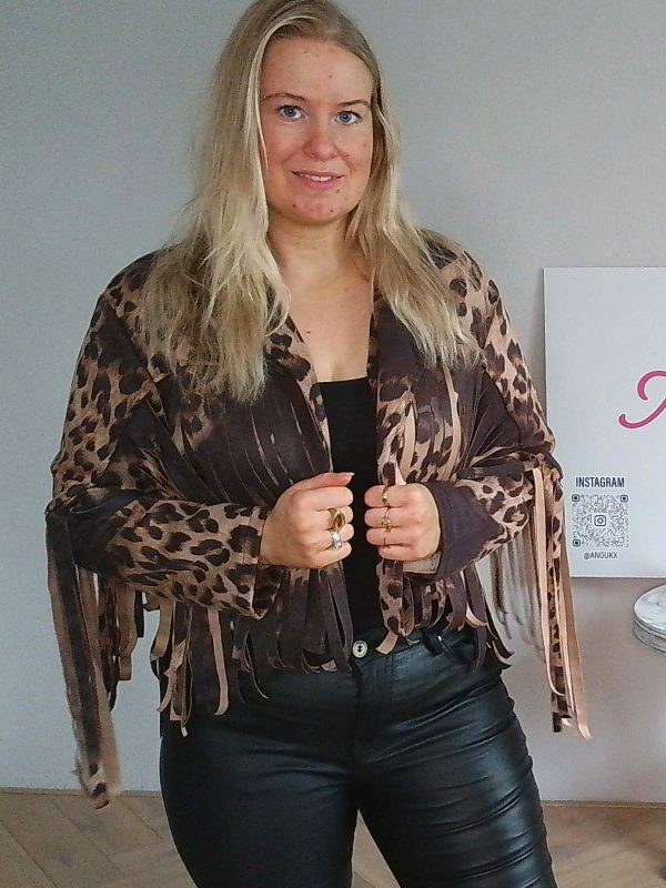 Leopard fringe jacket zwart damesjasje met franjes